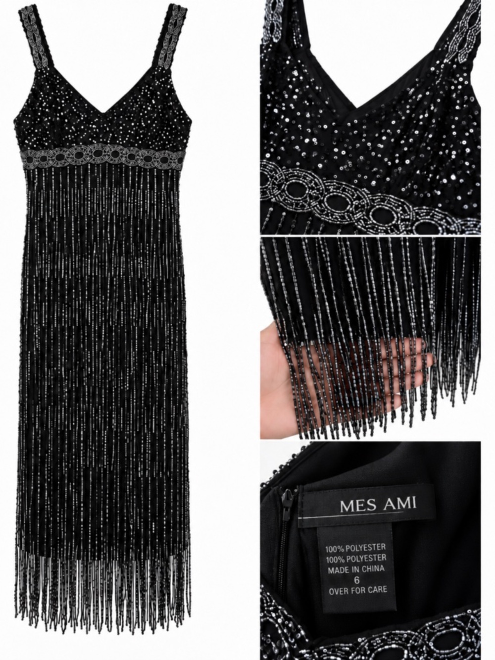 Mes Ami Black Sequin & Beaded Fringe Dress – Size 6
